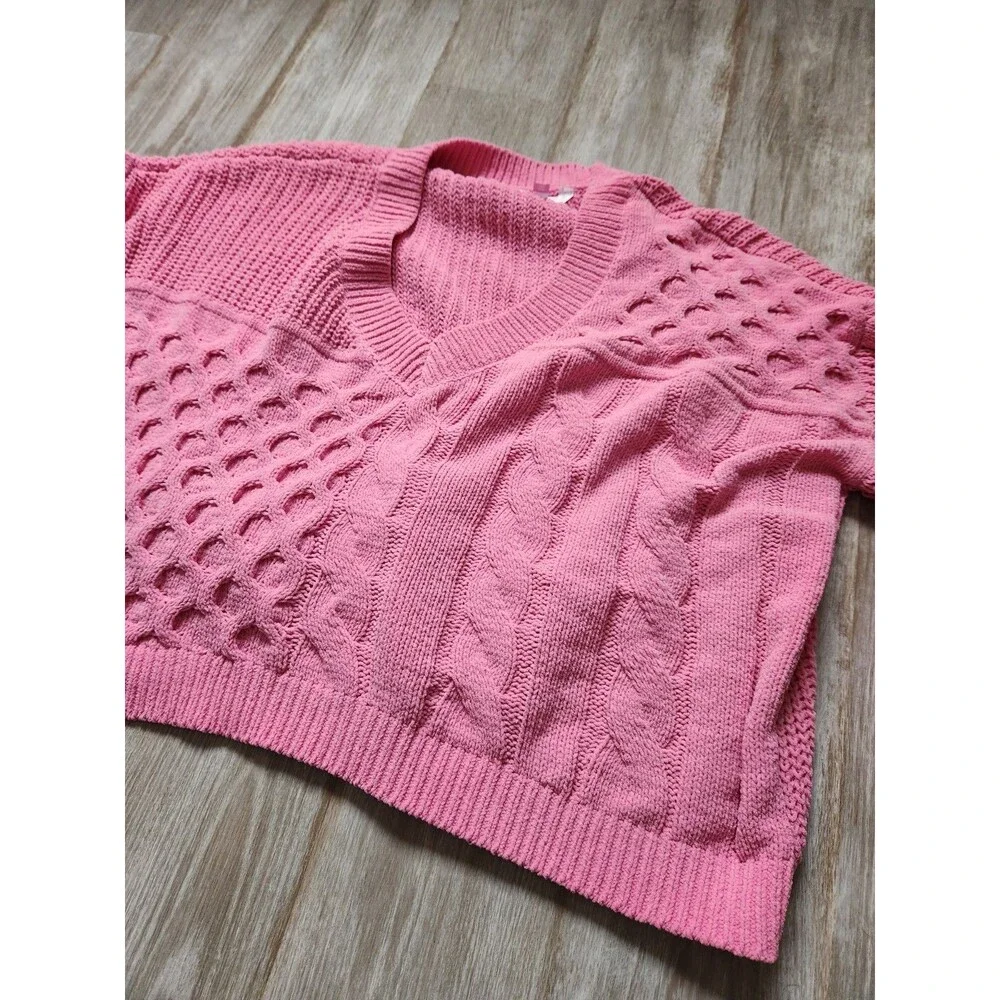 No Boundaries Patchwork Chunky Knit Sweater V Neck Pink Long Sleeve Jrs 3XL GUC - Picture 2 of 8